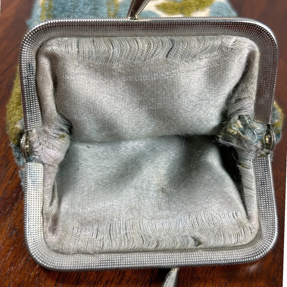 Vintage Kiss Lock Pouch Green Blue Damask Cigs Eyeglass Case Makeup Bag FLAW